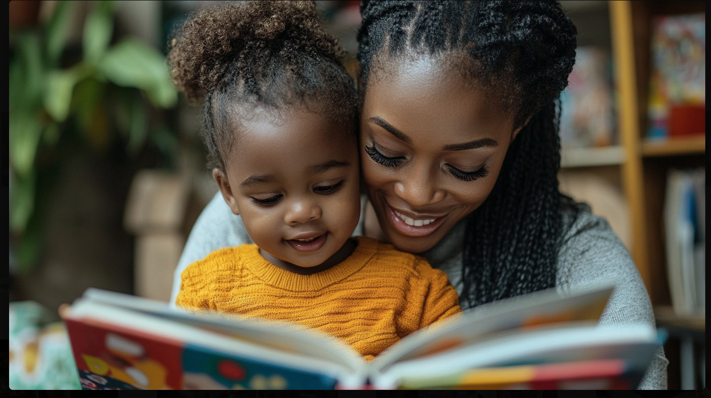 Mother sitting with her child peacefully reading a book