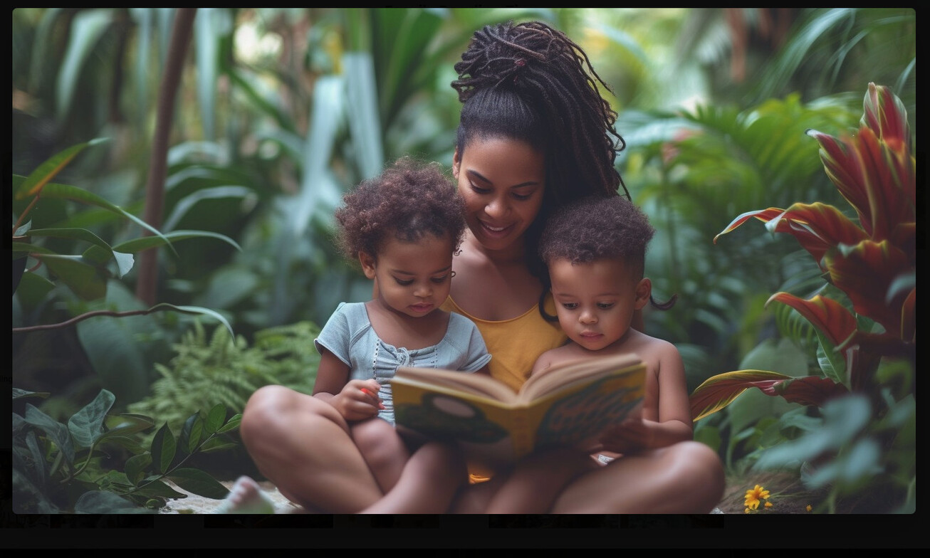 Mother sitting in a calm forrest surrounded by trees softly reading a book to her two children
